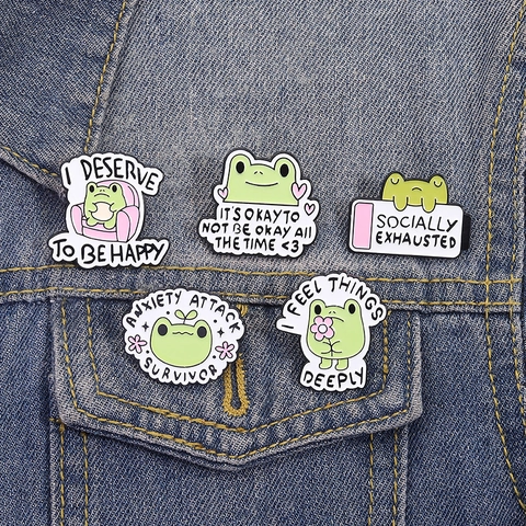 Lindo Juego de Broches de Esmalte de Rana de Dibujos Animados Para Mujeres Hombres Aleación Pintada Eslóganes de Salud Mental Pines Insignias Decoración de Bolsa de Ropa