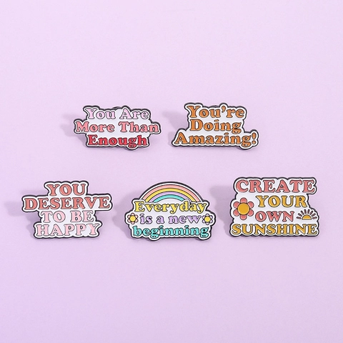 Cartoon Alloy Enamel Brooch Pin Set Motivational English Quotes Rainbow Sun Flower Badges For Clothes Bags Decor