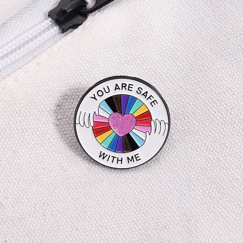 Kreative Runde Regenbogen Herz Emaille Pin You Are Safe With Me Legierung Brosche Abzeichen Für Rucksack Kleidung Dekoration Unisex Schmuck