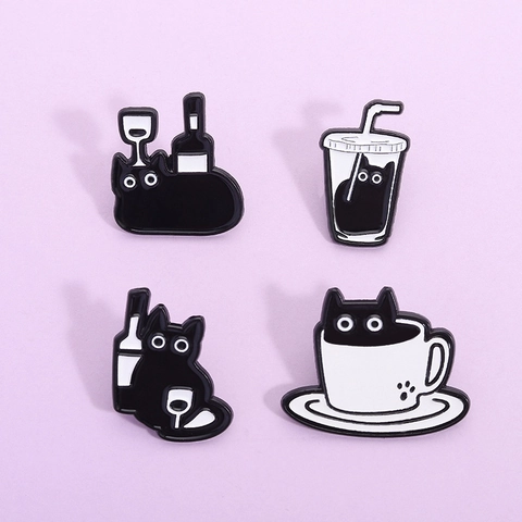Süße Cartoon Schwarze Katze Emaille Pin Legierung Brosche Kaffeetasse Weinflasche Tier Abzeichen Schmuck Zubehör Für Rucksack Jacke