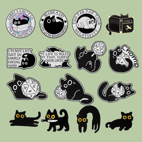 Cute Cartoon Black Cat Enamel Pins Set Humorous English Quote Alloy Badges Funny Kitten Brooches For Backpack Clothing Jewelry
