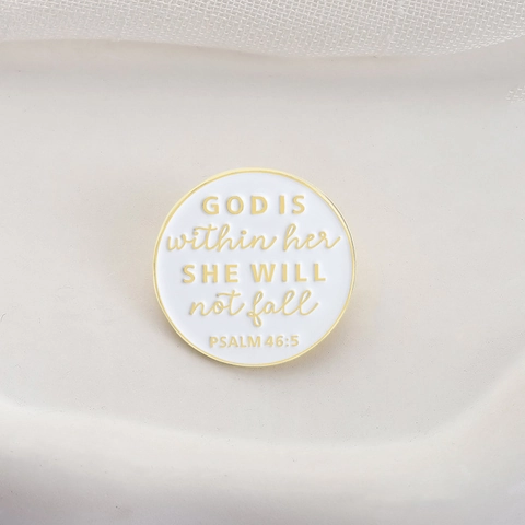 Inspirational God Is Within Her Psalm Bible Verse Enamel Pin Round White Gold Minimalist Religious Letter Brooch Jewelry Gift