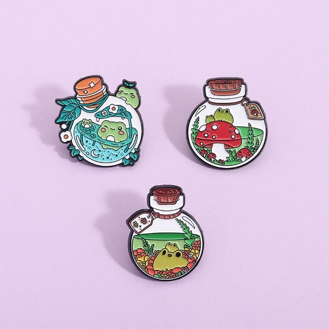 Cute Cartoon Frog In A Bottle Enamel Pin Badge Alloy Mushroom Plant Brooch For Backpack Clothing Accessories Women Kids Gift