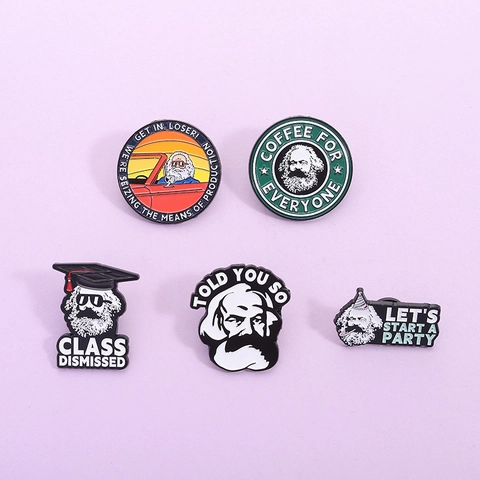 Drôle de Broche en Alliage d'Émail Dessin Animé Karl Marx Badge en Métal Créatif Parodie Avec Citations Pour Sac à Dos Vêtements Accessoires Bijoux