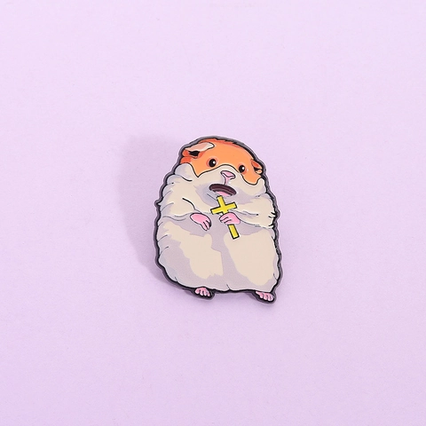 Cartoon Sad Hamster Enamel Pin Holding Yellow Cross Alloy Brooch Badge For Backpack Clothes Accessories Jewelry Gift