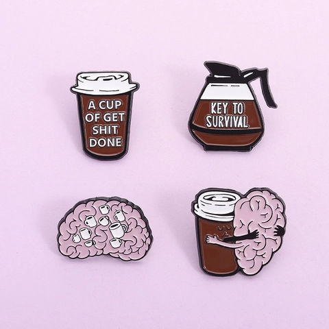 Spilla Creativa a Forma di Caffè e Cervello in Smalto Lega Laccata Distintivo Con Citazione Divertente per Zaino Giacca Gioielli Unisex