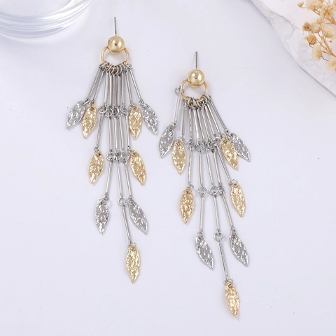 Bicolor Gold Silver Hammered Metal Leaf Tassel Drop Earrings For Women Vintage Bohemian Long Dangle Rhinestone Jewelry