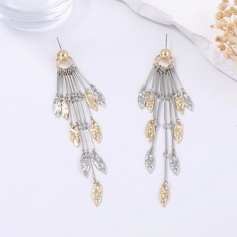 Bicolor Gold Silver Hammered Metal Leaf Tassel Drop Earrings For Women Vintage Bohemian Long Dangle Rhinestone Jewelry