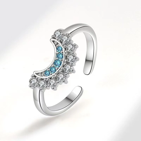 Elegant Celestial Sun And Moon Open Rings Set Zinc Alloy Rhinestone Blue Stone Adjustable Stackable Rings For Women Girls Jewelry Gift