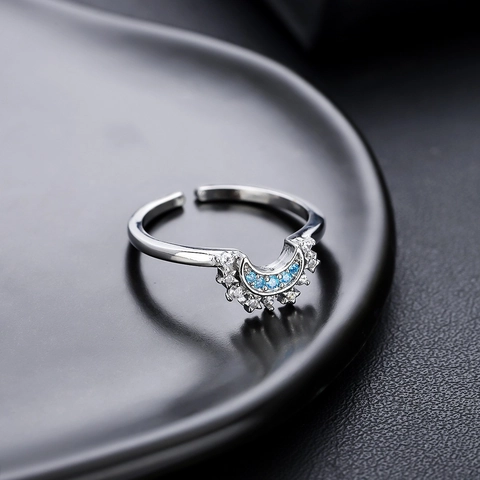 Elegant Celestial Sun And Moon Open Rings Set Zinc Alloy Rhinestone Blue Stone Adjustable Stackable Rings For Women Girls Jewelry Gift
