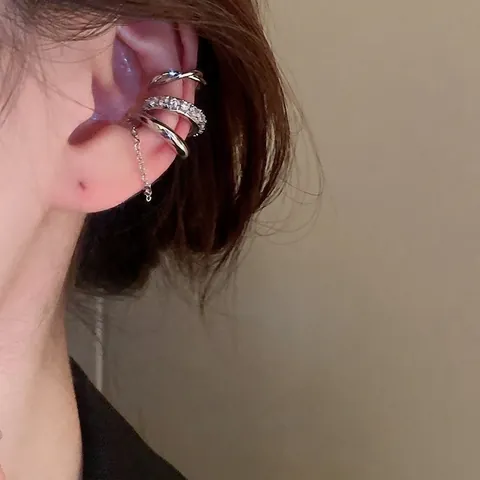 Elegant Silver Color Alloy Rhinestone Ear Cuff Minimalist Stackable Ear Bone Clips For Women Fashion Jewelry Accessories