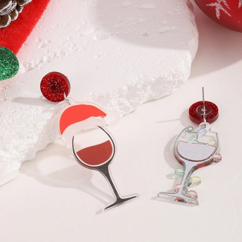 Pendientes Largos de Copa de Vino de Navidad para Mujer Acrílico Diamantes de Imitación Asimétricos Gorro de Papá Noel Luces Joyería