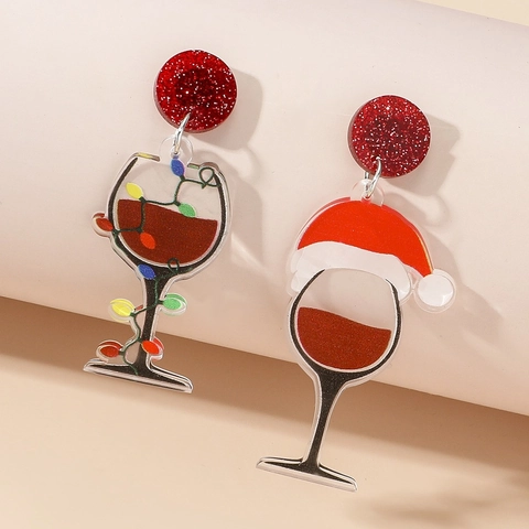Pendientes Largos de Copa de Vino de Navidad para Mujer Acrílico Diamantes de Imitación Asimétricos Gorro de Papá Noel Luces Joyería