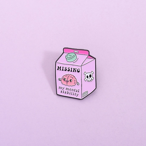 Drôle Broche en Émail de Brique de Lait Rose Missing My Mental Stability Cerveau Squelette Insigne en Alliage de Zinc Bijoux