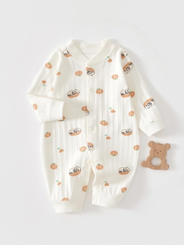Newborn Baby Cotton Long Sleeve Romper Cartoon Panda Printed Ribbed Jumpsuit For Infant Boys Girls Class A Safety Clothing