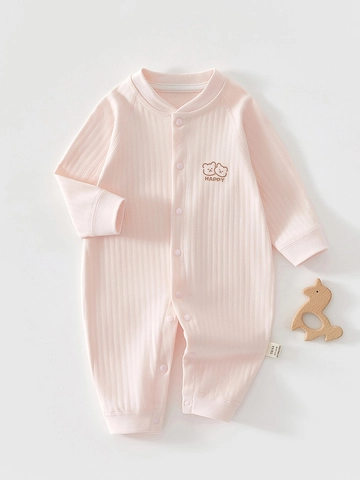 Pagliaccetto in 100% Cotone per Neonati Ricamo Orso Carino Pagliaccetto a Manica Lunga a Coste Unisex Senza Cuciture Pigiama Casual