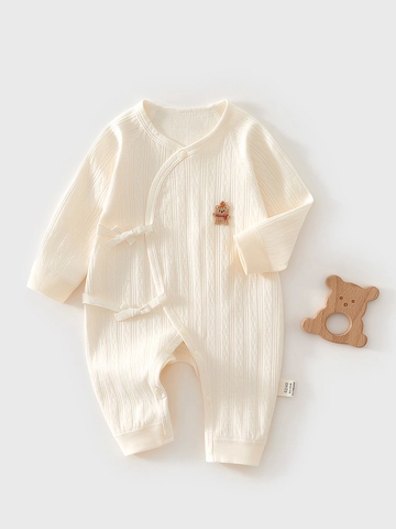 Pasgeboren Baby Katoen Lange Mouw Boxpakje Kimono Stijl Knoopsluiting Body Zacht Jacquard Beer Borduurwerk Baby Jumpsuit