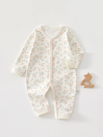 Grenouillère Bébé en Coton à Manches Longues Imprimé Floral Cœur Fraise Combinaison Douce Respirante Pyjama Automne Printemps