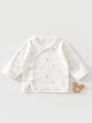 Newborn Baby Cotton Kimono Tops Soft Floral Long Sleeve Tie-front Shirts Infants Breathable Casual Home Clothes For Daily Wear