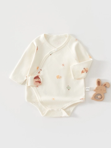 Newborn Baby Long Sleeve Cotton Bodysuit Bone-Free Printed Kimono Style Onesie For Infant Boys Girls Spring Autumn Winter
