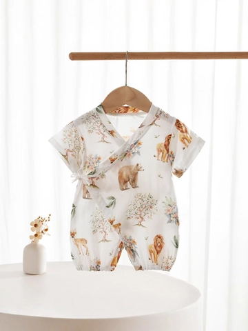 Newborn Baby Summer Bamboo Cotton Gauze Romper Short Sleeve Kimono Style Tie Side Jumpsuit Breathable Animal Print Infant Clothing