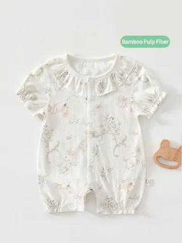 Barboteuse d'été pour Nouveau-nés Filles Fibre de Bambou Coton Motif Floral Doux Manches Courtes Combinaison Mignonne pour Nourrissons