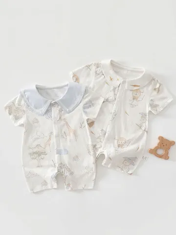 Newborn Baby Summer Short Sleeve Romper Bamboo Cotton Breathable Seamless Jumpsuit Cartoon Animal Printed Pajamas For Infants