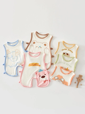 Body in Cotone Senza Maniche Estivo per Neonati Pagliaccetto Baby Sottile Traspirante Stampa Animale Cartone Animato per Bambini