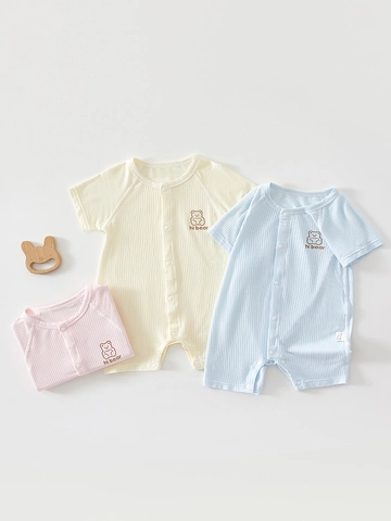 Newborn Baby Romper Short Sleeve Summer Viscose Thin Ribbed Bodysuit For Infant Boys Girls Bear Embroidery Jumpsuit
