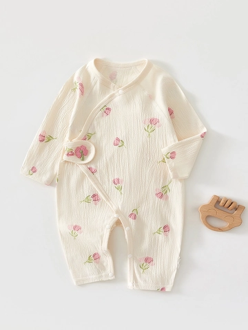 Pagliaccetto a Manica Lunga in Cotone per Neonato Tuta con Stampa a Farfalla e Texture Increspata Pigiama Leggero Traspirante