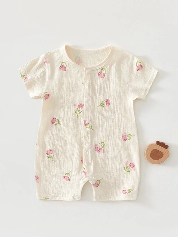 Pasgeboren Baby Korte Mouw Kruippakje Zomer Dun Ademend Katoen Elastaan Crepe Bloemenprint Jumpsuit Eendelig Kleinkind Outfits