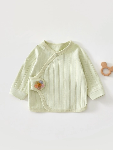 Haut Croisé Style Kimono en Coton pour Nouveau-Né Chemise en Tricot à Côtes Manches Longues avec Broderie Florale Douce