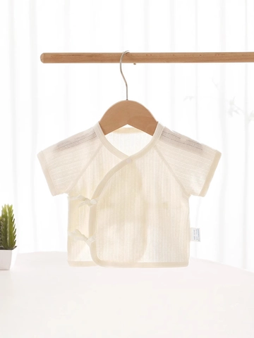 Newborn Baby Kimono Style Short Sleeve Top Summer Thin Cotton Breathable Pointelle Half Back Shirt For Infants 0-6 Months