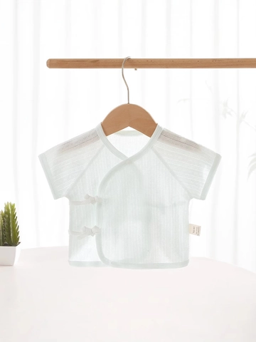 Newborn Baby Kimono Style Short Sleeve Top Summer Thin Cotton Breathable Pointelle Half Back Shirt For Infants 0-6 Months