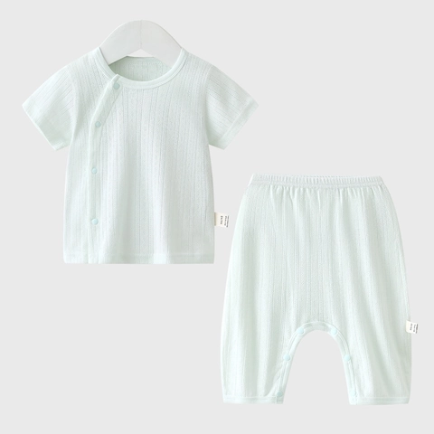 Infant Summer Cotton Top And Pants Outfit Breathable Short Sleeve Pajamas Grade A Soft Daily Wear Neutral Solid Color Pointelle