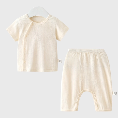 Infant Summer Cotton Top And Pants Outfit Breathable Short Sleeve Pajamas Grade A Soft Daily Wear Neutral Solid Color Pointelle