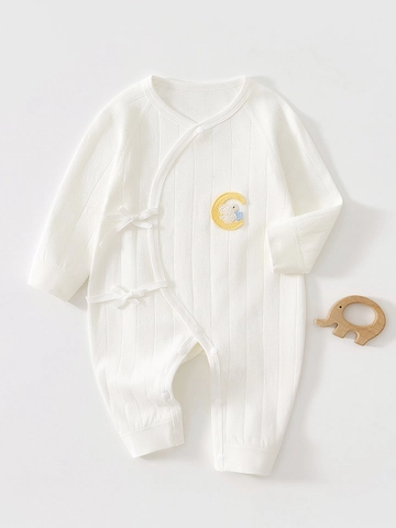 Pagliaccetto Kimono in Cotone per Neonato Manica Lunga Tuta a Farfalla Lacci Laterali Ricamo Stella Luna Coniglio Pigiameria per Bambini