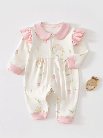 Tutina a Maniche Lunghe in Cotone per Neonato Con Stampa Floreale di Coniglietto Dolce Colletto Peter Pan per Neonati Bambini Autunno