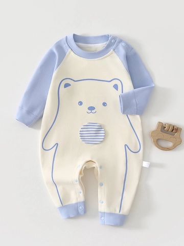 Tutina per Neonato in Cotone a Manica Lunga Stampa Orso Cartone Animato Chiusura a Scatto Pigiama Morbido Abbigliamento Autunnale