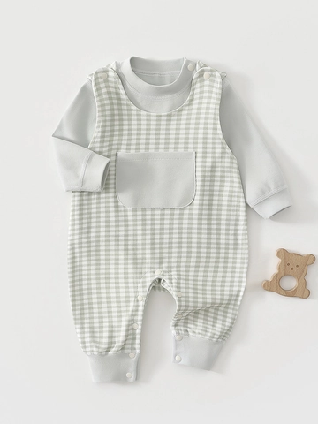 Infant Baby Boy Girl Cotton Plaid Overalls Romper Set Long Sleeve Fake Two Piece Jumpsuit For Spring Autumn Outfits