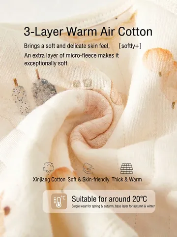 Newborn Baby Thermal Top Cotton Quilted Three Layer Warm Undershirt Infant Boys Girls Cartoon Long Sleeve Soft Base Layer