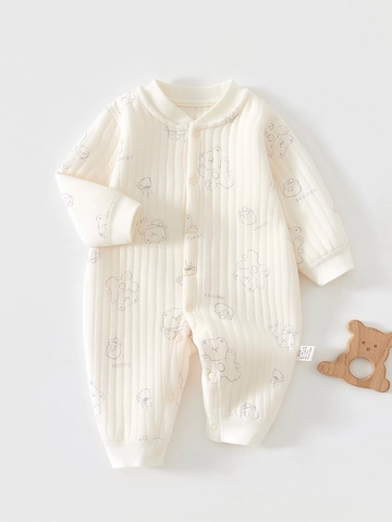 Baby Baumwolle Drei-Schicht Warm Strampler Klasse A Sicherheit Langarm Knochenfreier Cartoon Druck Gesteppter Jumpsuit Säuglingskleidung