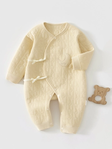 Pagliaccetto per Neonati in Cotone Trapuntato a Maniche Lunghe Tuta Calda con Motivo a Luna e Stelle Stile Kimono Pigiama per Neonati