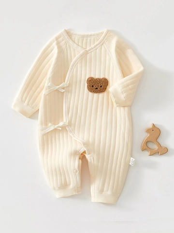 Pagliaccetto a Farfalla Trapuntato Caldo per Neonati 100% Cotone Tuta Kimono a Maniche Lunghe Con Ricamo a Orso per Bambini e Bambine