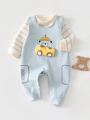 Infant Boy Long Sleeve Striped T-Shirt And Cartoon Bear Suspender Romper Outfit For Autumn Spring Newborn Clothes Casual Wear