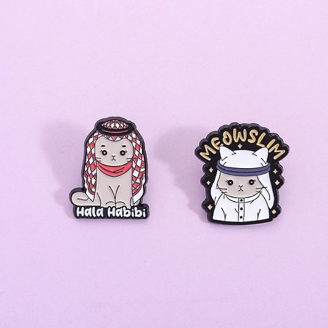 Naher Osten Stil Cartoon Katze Emaille Brosche Pin Hala Habibi MEOWSLIM Zinklegierung Tier Abzeichen Schmuck Kleidung Zubehör