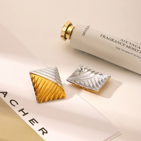 Edelstahl Gold Silber Bicolor Geometrische Rechteckige Ohrringe Wellenstruktur Ohrstecker Für Damen Modeschmuck