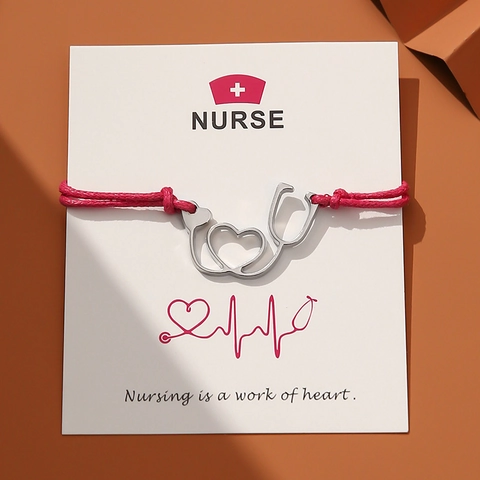 Nurse Stethoscope Heart Pendant Wax Rope Braided Bracelet Nursing Quote Card Jewelry Gift For Women Medical Students