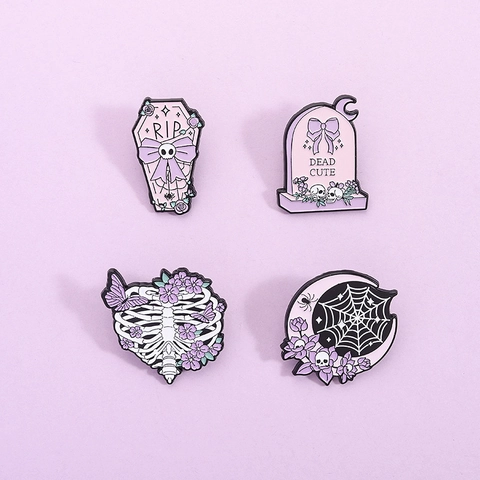 Gothic Halloween Enamel Pin Brooch Purple Zinc Alloy Skull Coffin Tombstone Rib Cage Decorative Badge Jewelry Accessory Unisex