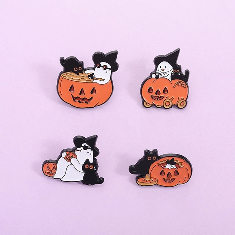 Ensemble de Pin's Émaillés Fantôme Citrouille d'Halloween Badge Chat Noir Chapeau de Sorcier en Alliage de Zinc pour Sac à Dos